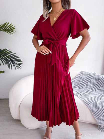 Casual Cross V-Neck Ruffled Pleated Dress