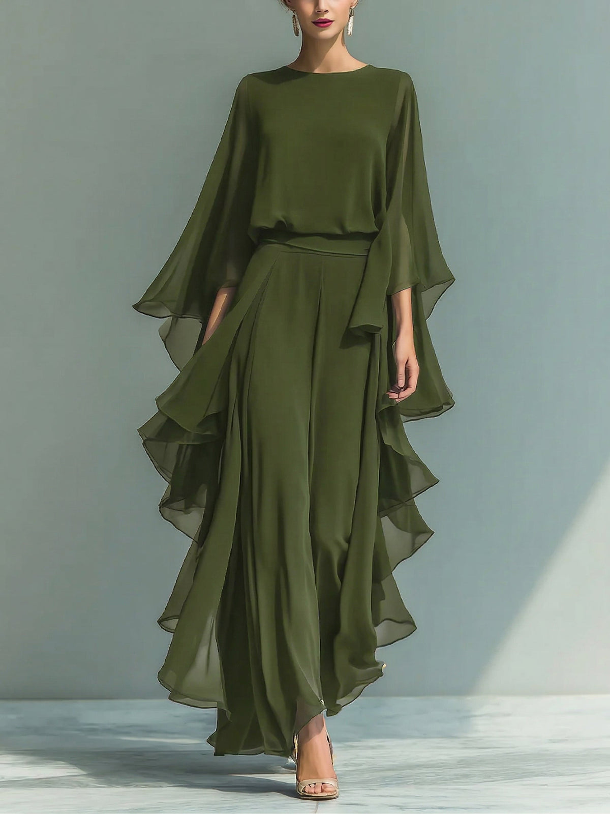 Elegant and Flowy Ruffled Shirt and Wide-Leg Pants Two-Piece Set