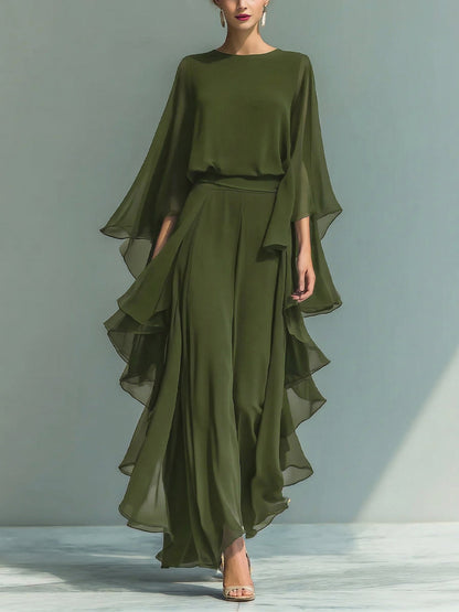 Elegant and Flowy Ruffled Shirt and Wide-Leg Pants Two-Piece Set