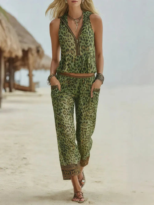 Retro Leopard Art Print Hooded Casual Top and Pants Suits