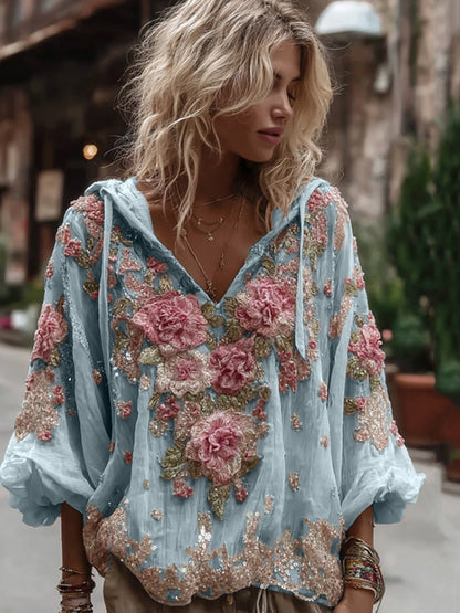 Vintage Floral Embroidery Warm V-Neck Hoodie