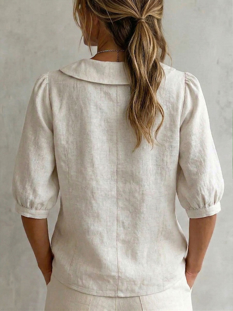 Solid-Color Peter Pan Collar 3/4-Sleeve Casual Loose Cotton-Linen Shirt