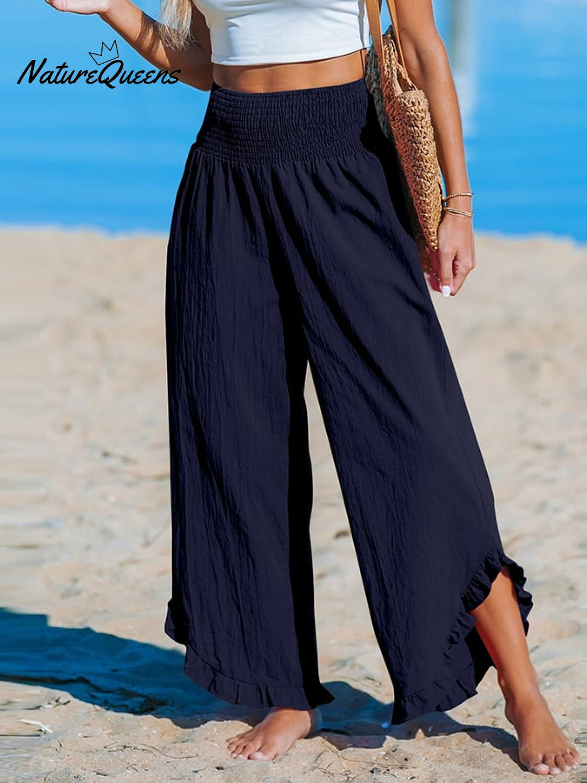 High-Waist Pleated Irregular Hem Cotton and Linen Loose Casual Pants