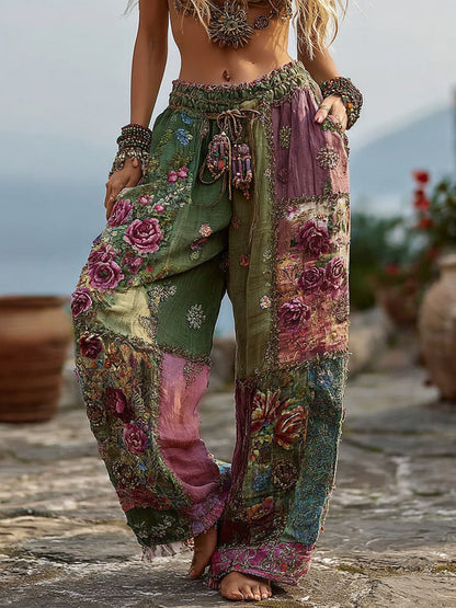 Vintage Floral Pattern Casual Linen Pants