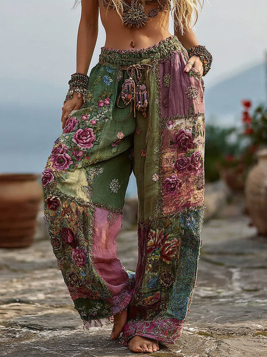 Vintage Floral Pattern Casual Linen Pants