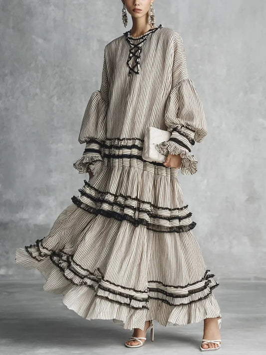 Casual Stylish Vacation Art Striped Ruffled Cotton Maxi Dress