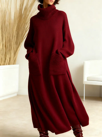 Solid Color High-Neck Long-Sleeve Casual Loose Knit Dress