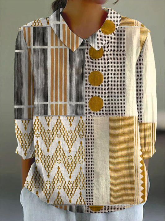 Vintage Abstract Geometry Art Print Casual Cotton and Linen 3/4-Sleeve Shirt