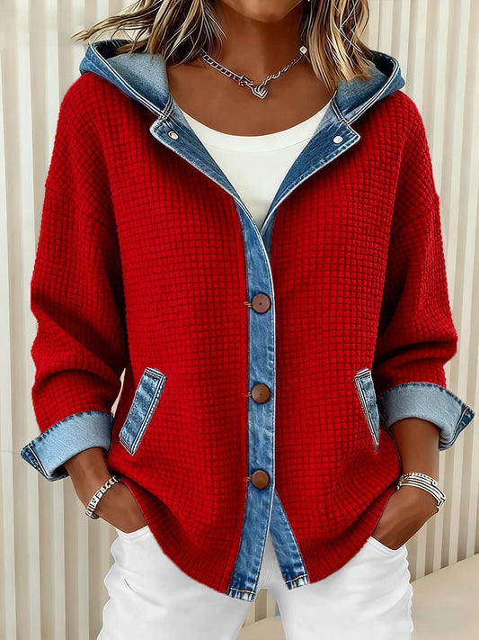 Fashion Patchwork Design Waffle Hooded Cardigan
