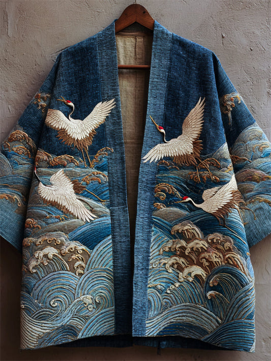 Japanese Cranes and Sea Waves Embroidered Linen Kimono Cardigan