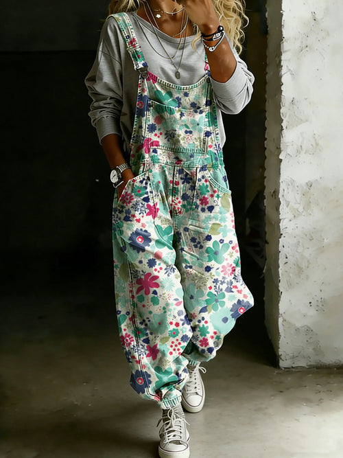 Vintage Floral Art Print Casual One Piece Denim Jumpsuit