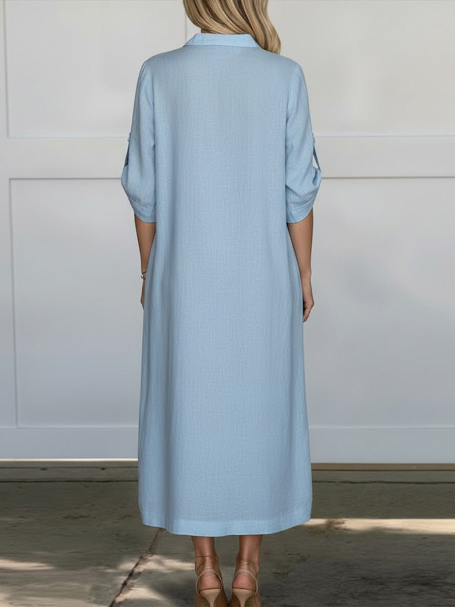 Solid Color Lapel Long-Sleeved Casual Loose Linen Dress