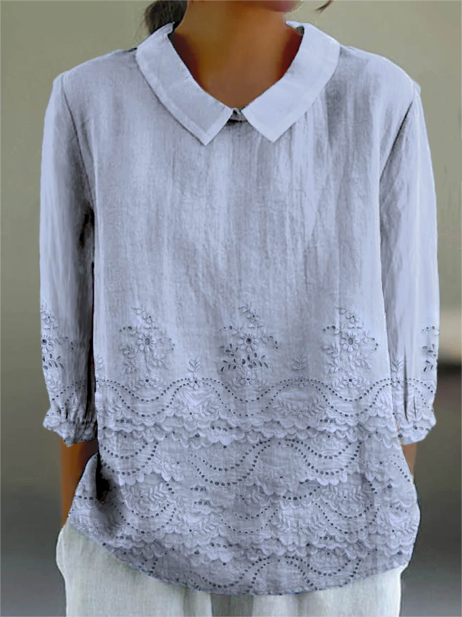 Vintage Floral Pattern Art Print Casual Cotton and Linen 3/4-Sleeve Shirt