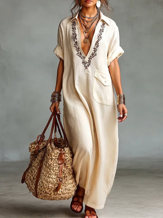 Loose-Fitting V-Neck Linen and Cotton Dress