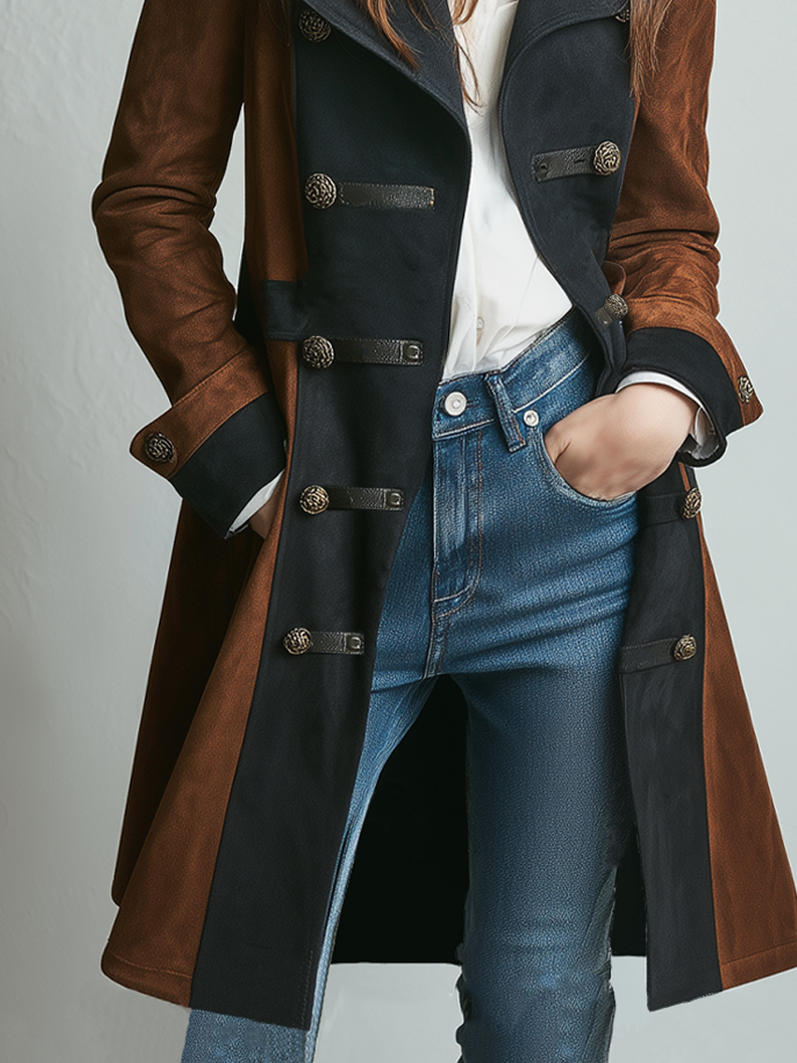 Retro Contrast Color Military Style Eco-Friendly Suede Coat