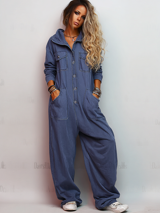 Hooded One Piece Denim Jumpsuit