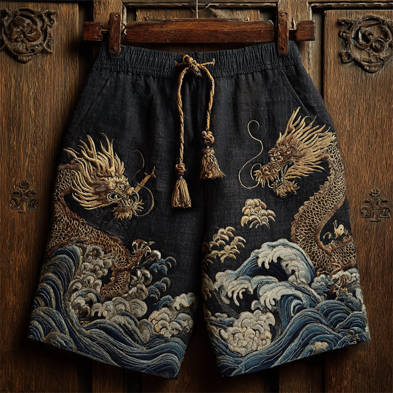 Japanese Golden Dragons and Sea Waves Embroidered Linen Shorts