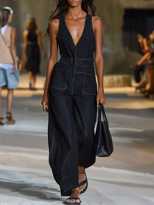 [24-Hour Shipping Out]v-Neck Retro Casual Loose Sleeveless Wide-Leg Denim Jumpsuit