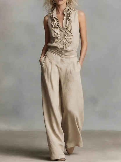 Simple Linen Sleeveless Casual Shirt and Wide-Leg Pants Set