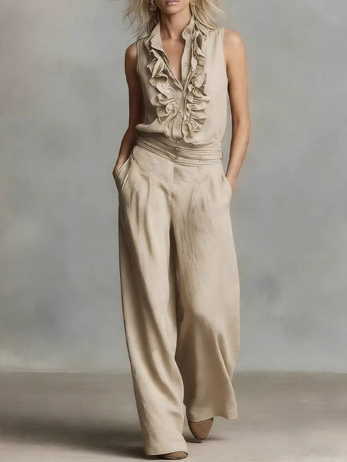 Simple Linen Sleeveless Casual Shirt and Wide-Leg Pants Set