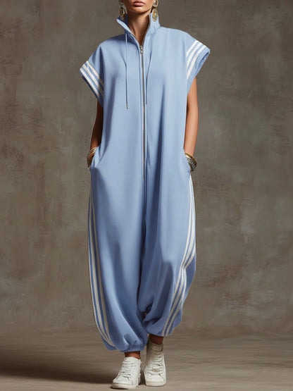 Relaxed Stand-Collar Short-Sleeved Casual Loose Cotton Wide-Leg Jumpsuit