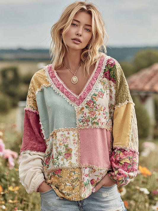 Vintage Floral Patchwork Art Cozy Warm Sweatshirt