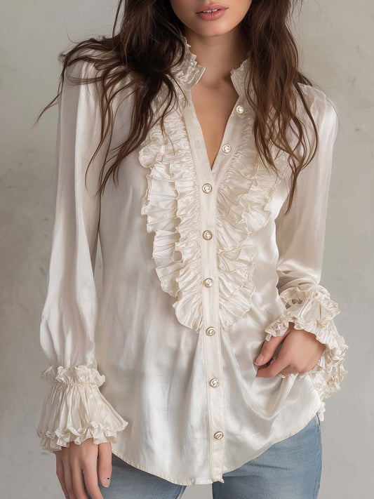 Retro-Style Ruffled Placket Polyester Satin Long-Sleeved Blouse