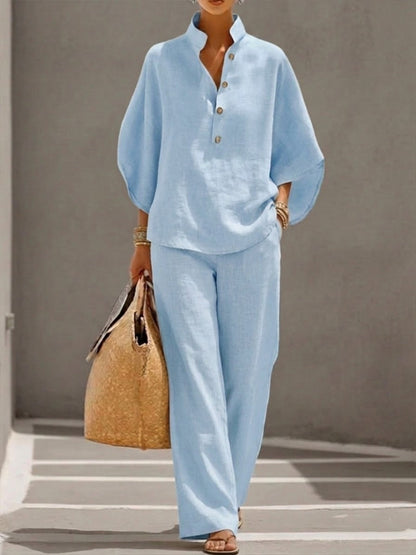Batwing Sleeve Linen Cotton Two-Piece Set with Casual Shirt and Wide-Leg Pants Outfit