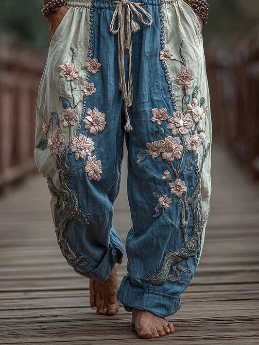 Men's Japanese Cherry Blossoms Embroidered Art Wide-Leg Linen Pants