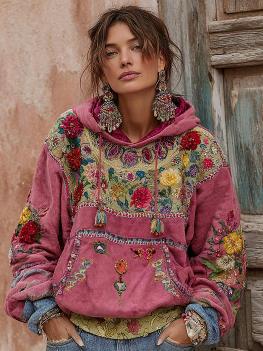 Vintage Bohemian Floral Embroidery Patchwork Long-Sleeve Hoodie