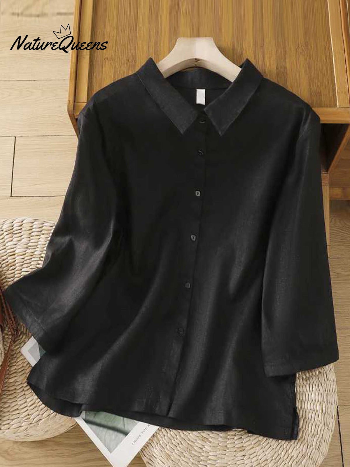 Solid Color Lapel 3/4 Sleeves Casual Linen Shirt