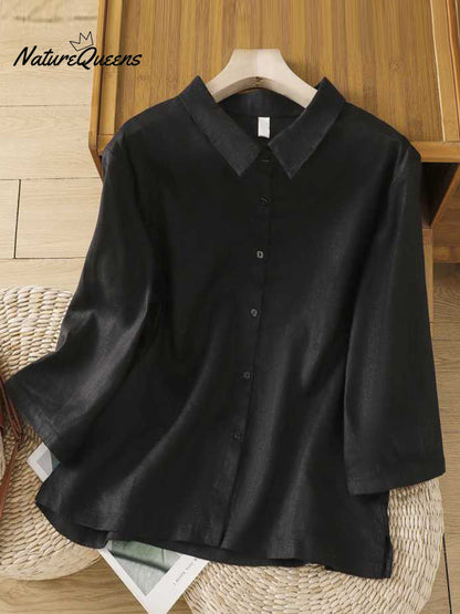 Solid Color Lapel 3/4 Sleeves Casual Linen Shirt