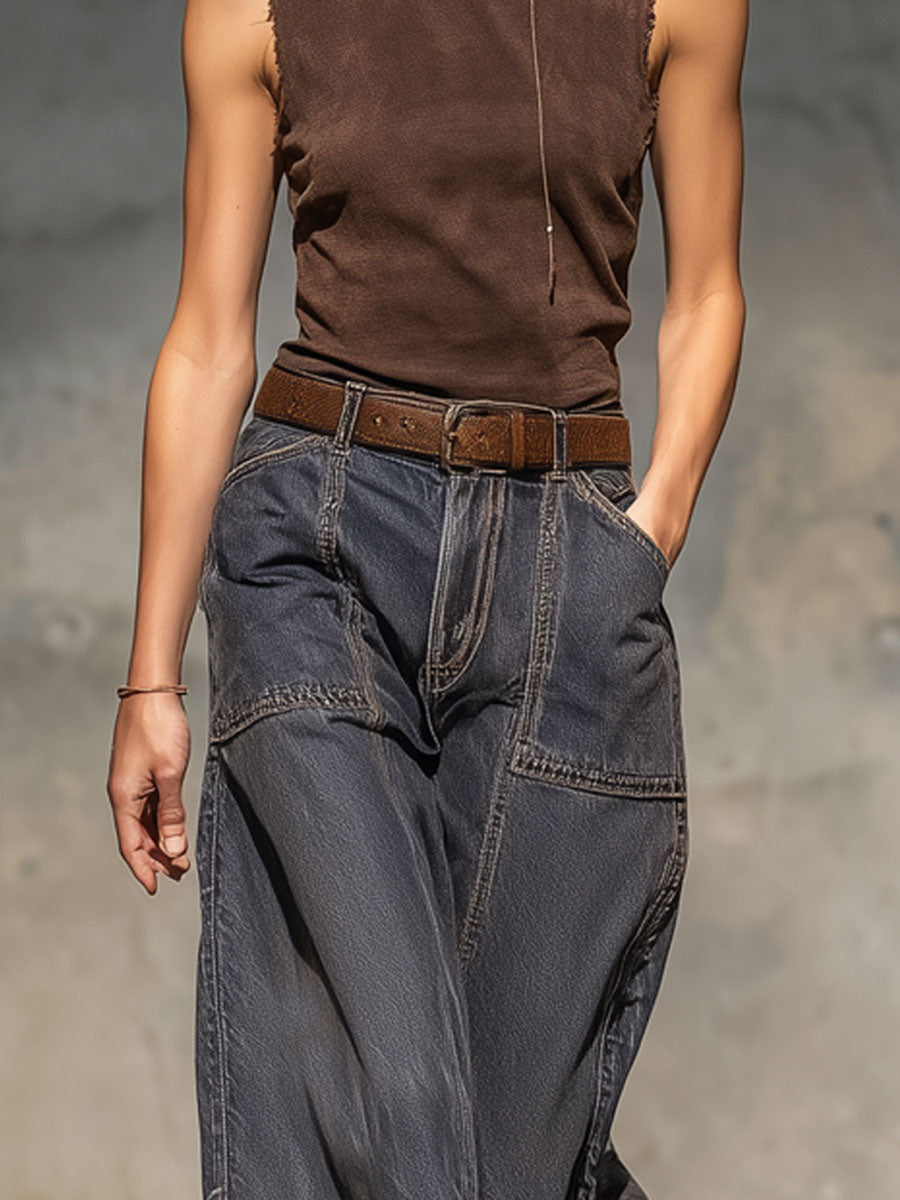 Relaxed Loose Vintage Raw Edge Dark Grey Wide-Leg Jeans