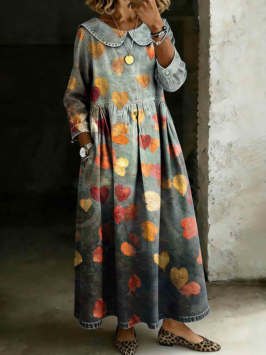 Vintage Maple Leaf Art Print Lapel Collar Pleated Long-Sleeve Casual Loose Denim Dress