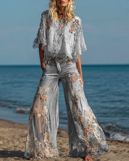 Summer Vacation Floral Embroidered Lace Pants and Top Two-Piece Set Ae54