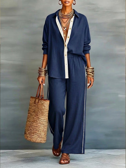 Casual Linen and Cotton Shirt and Wide-Leg Pants Two-Piece Set