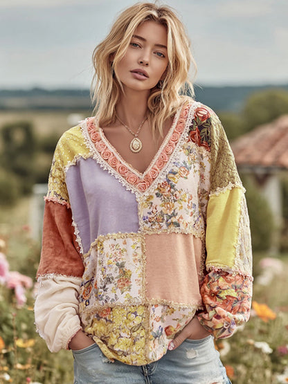 Vintage Floral Patchwork Art Cozy Warm Sweatshirt