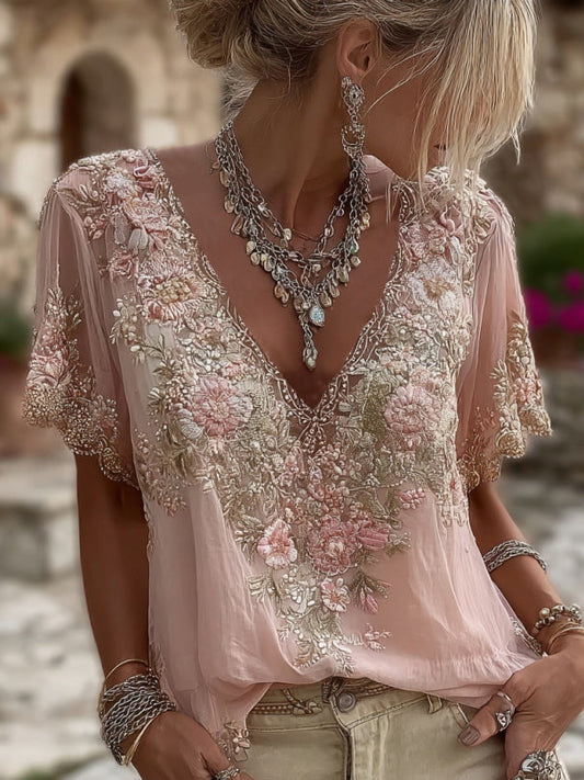 Floral Embroidered Art V-Neck Short-Sleeve Linen Blend T-Shirt