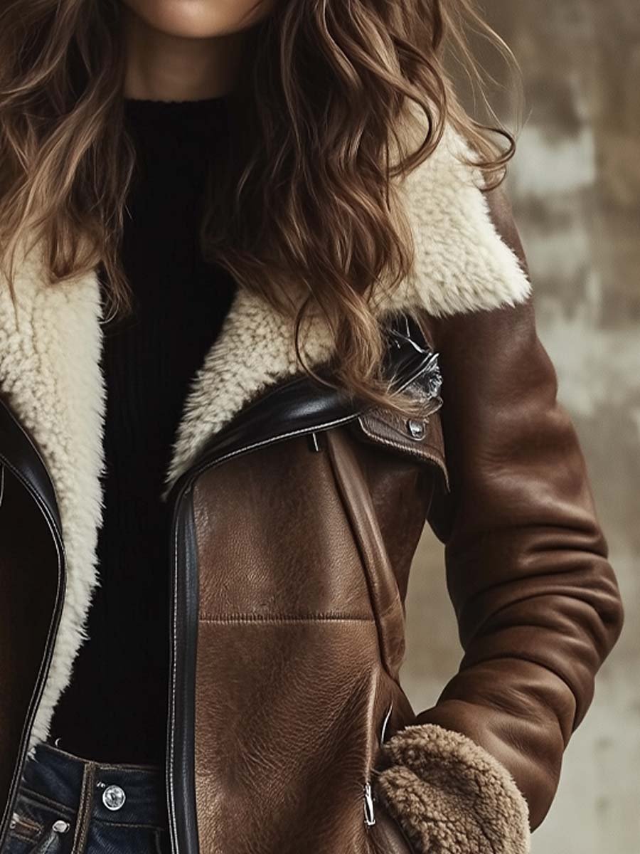 Vintage Contrast Lambskin Collar Faux Leather Coat