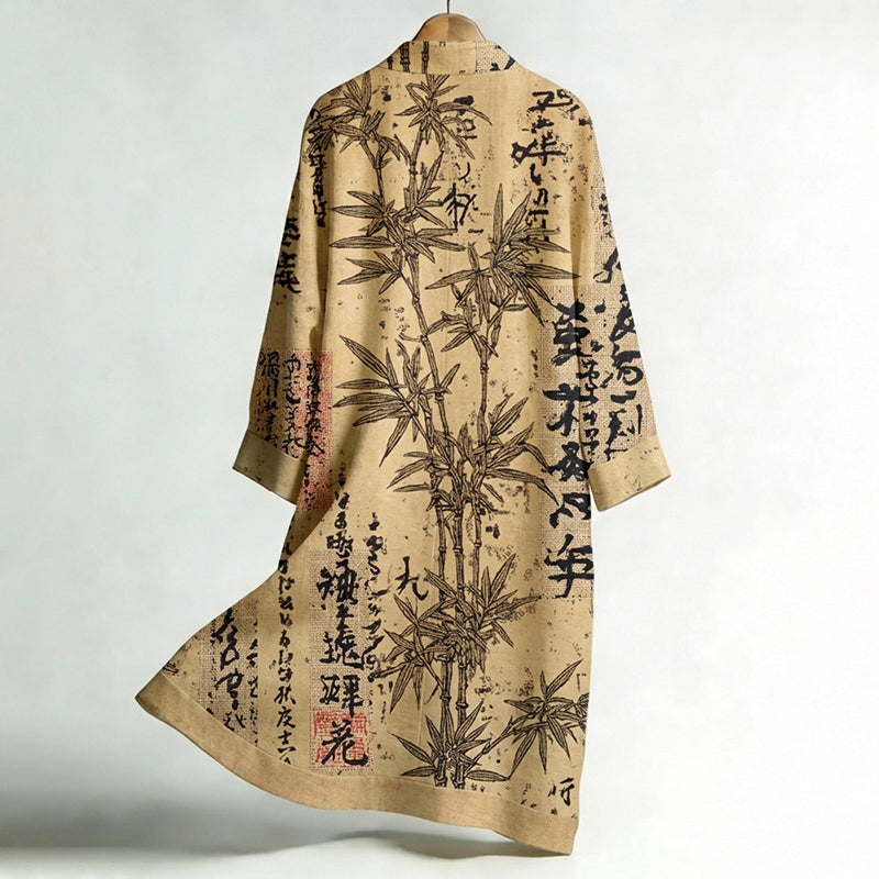 Men's Retro Bamboo and Calligraphy Print Linen Long Kimono