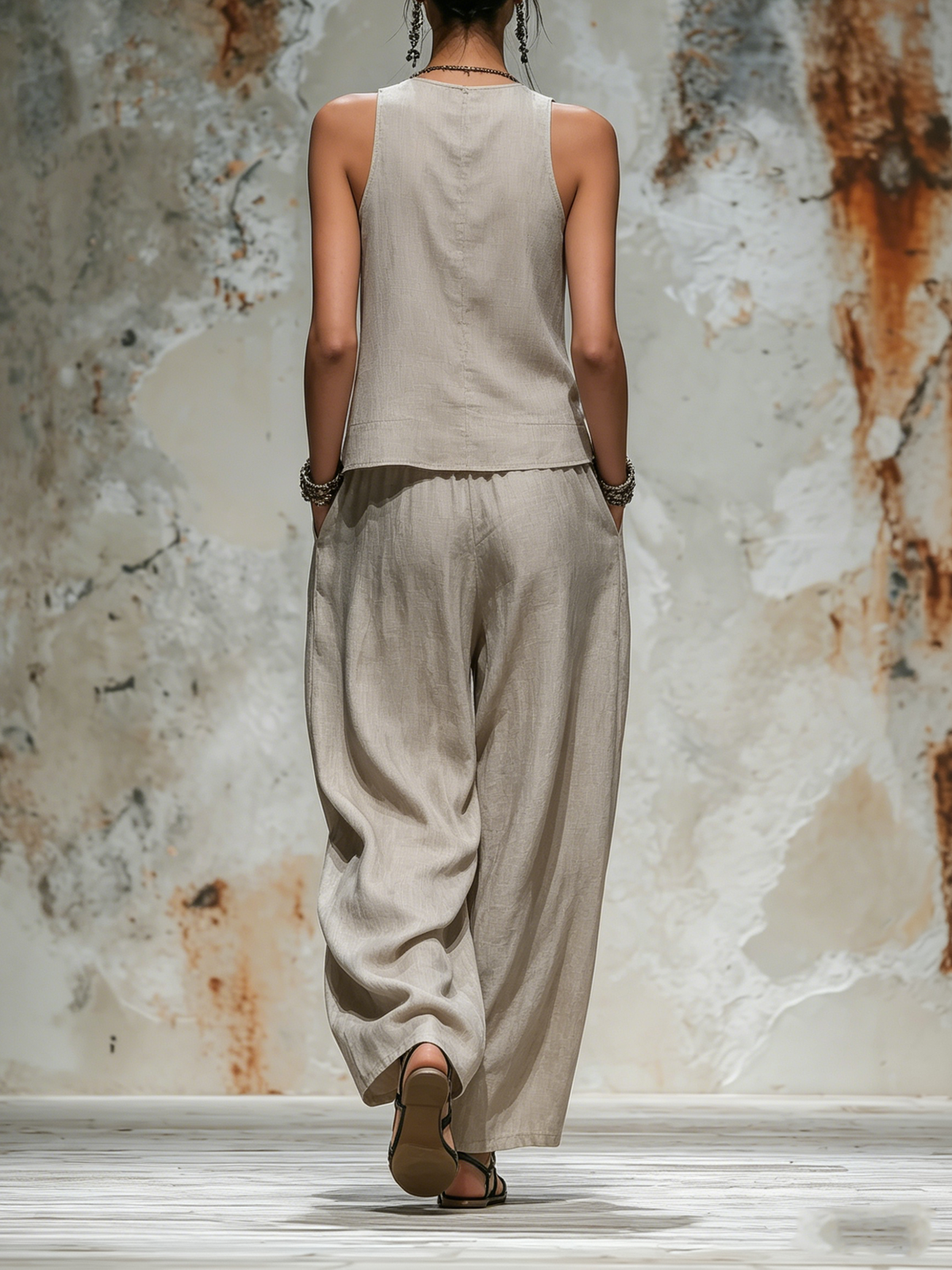Beige Linen Sleeveless Top and Wide-Leg Pants Set