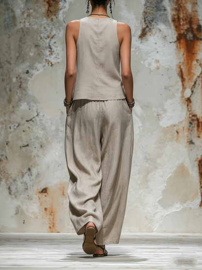 Beige Linen Sleeveless Top and Wide-Leg Pants Set