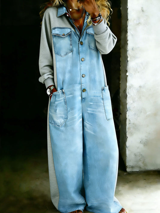 Stylish Denim One Piece Shirt Jumpsuit