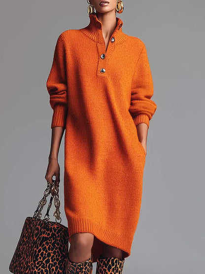 Stand Collar Long-Sleeve Casual Loose Knit Dress