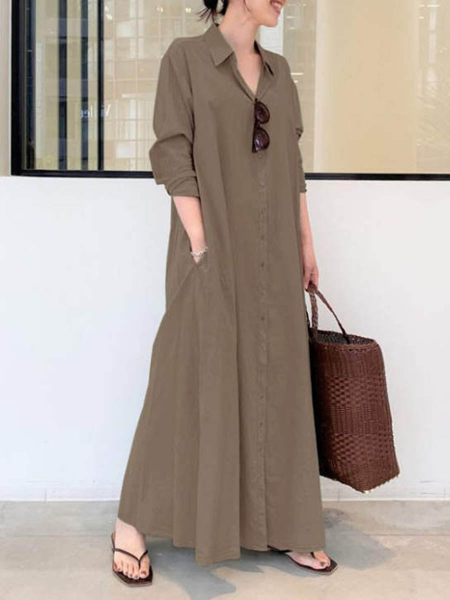 Solid Color Casual Loose Elegant V-Neck Cotton and Linen Pocket Shirt Dress