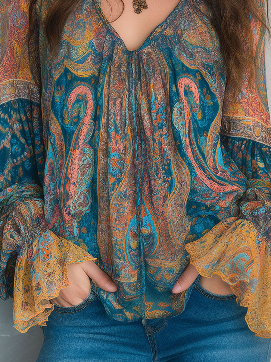 Bohemian Teal and Amber Paisley Chiffon Blouse with Ruffled Cuffs
