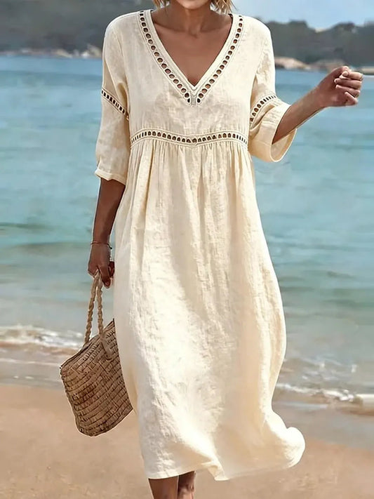 Solid Color Retro Casual Stylish Vacation Cotton Dress