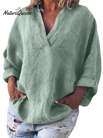 Cotton and Linen V-Neck Long-Sleeved Pullover Top