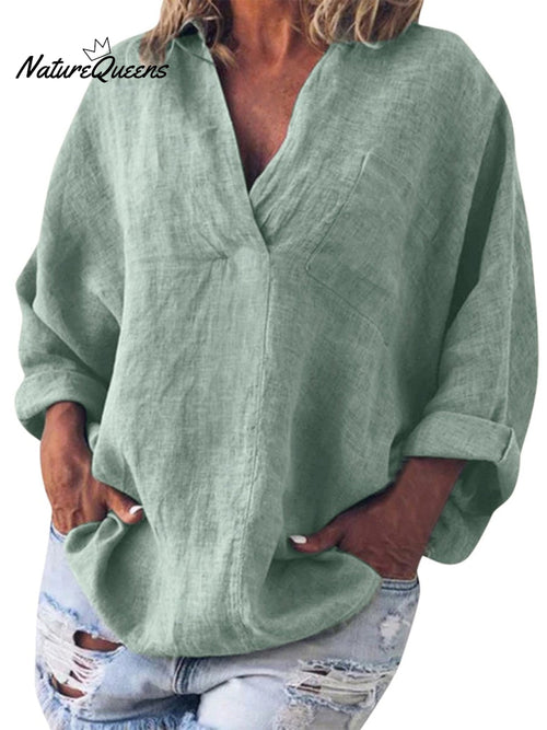 Cotton and Linen V-Neck Long-Sleeved Pullover Top