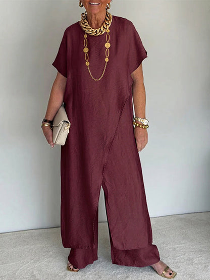 Cozy Loose Fit Asymmetrical Two-Piece Set with Casual Retro Cotton Blend Outfit